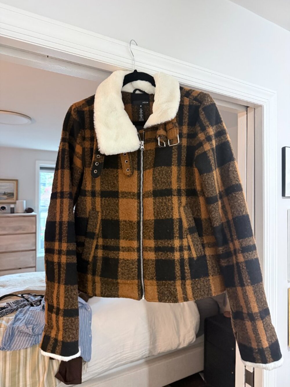 AQUA Brown & Black Plaid Sherpa-Collar Jacket